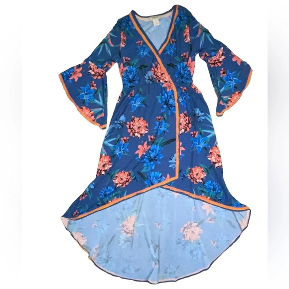 Flying Tomato Wrap High Low Dress Tie Blue Floral Bell Sleeves Size Small Summer - Picture 8 of 8